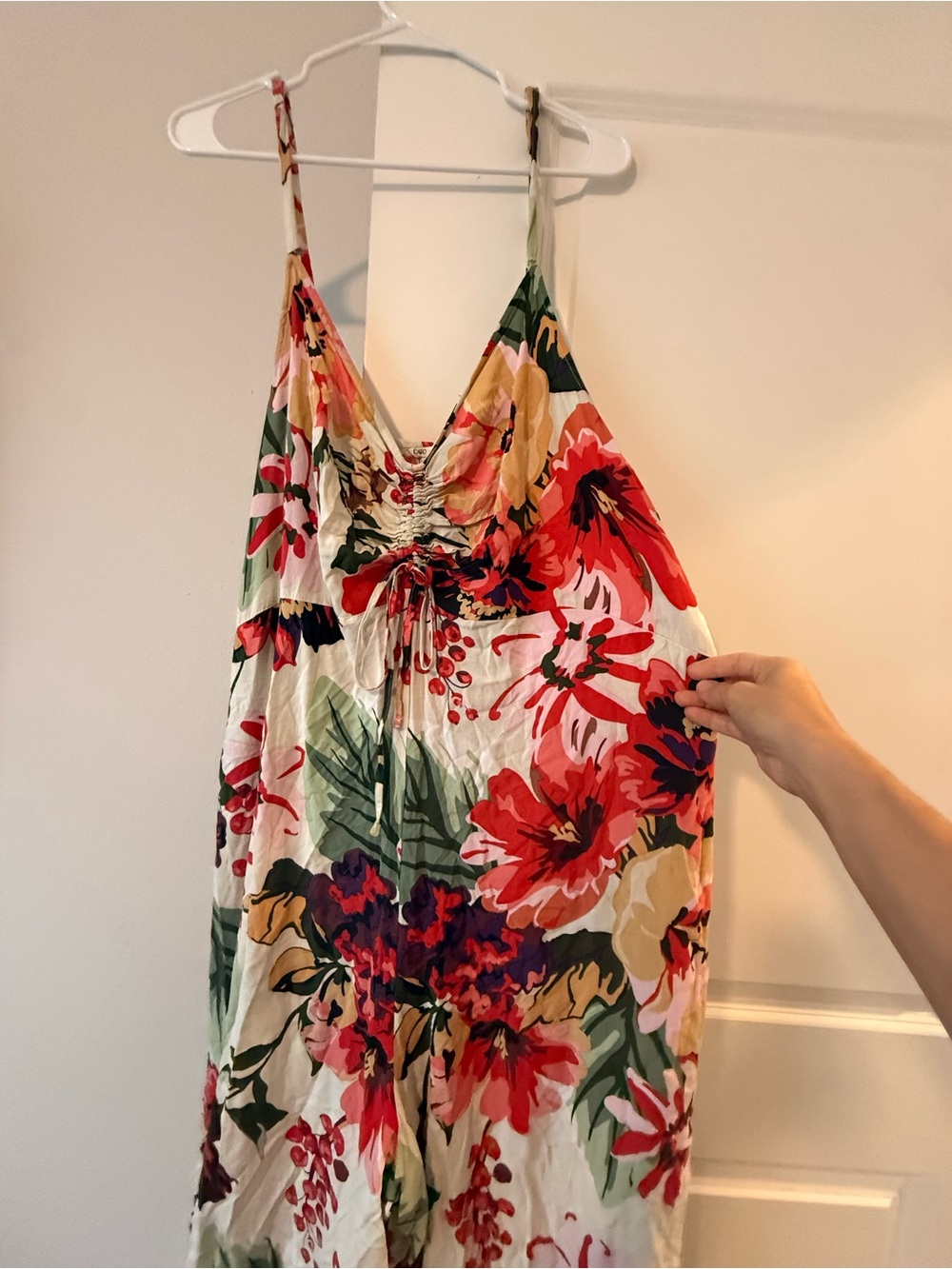 Cato Cream Floral Tie-Front Jumpsuit with Red & Green Accents